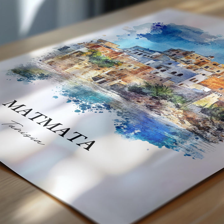Matmata Wall Art, Southern Tunisia Print, Tunisia Watercolor Art, Matmata Tunisia Gift, Travel Print, Travel Poster, Housewarming Gift