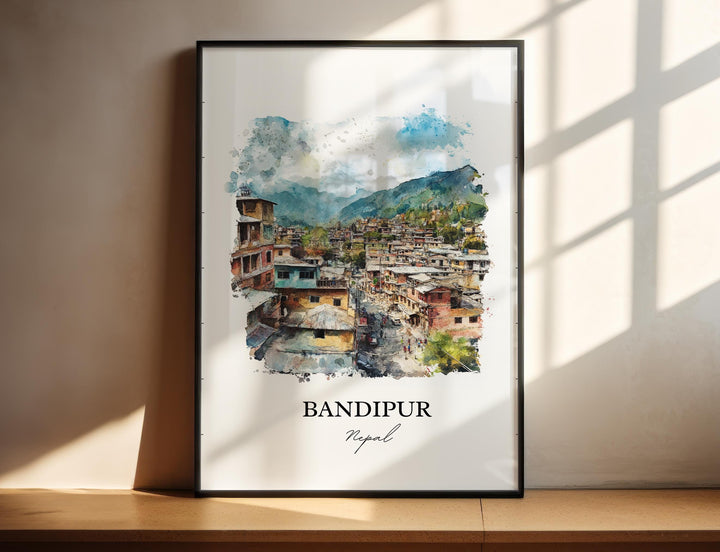 Bandipur Nepal Wall Art, Gandaki Province Print, Nepal Watercolor Art, Bandipur Nepal Gift, Travel Print, Travel Poster, Housewarming Gift