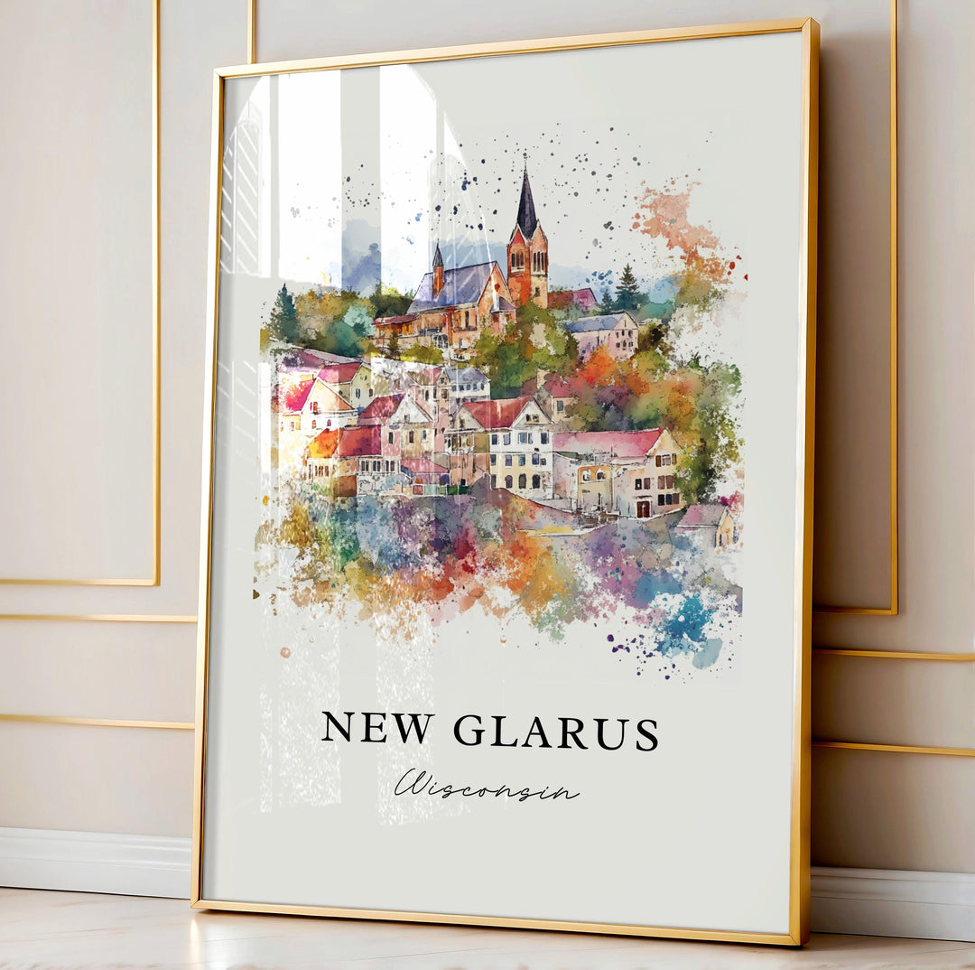 New Glarus WI Wall Art, New Glarus Print, New Glarus Watercolor Art, Green County WI Gift, Travel Poster, Housewarming Gift