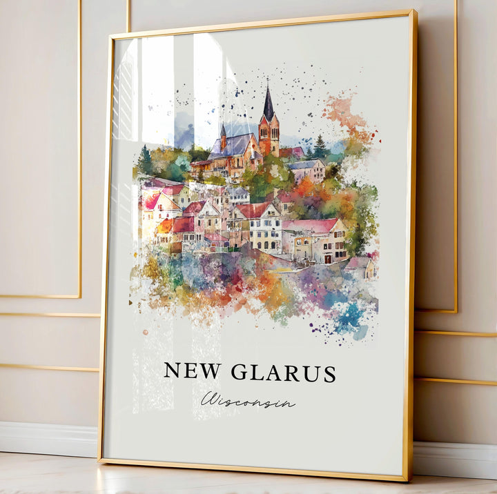 New Glarus WI Wall Art, New Glarus Print, New Glarus Watercolor Art, Green County WI Gift, Travel Poster, Housewarming Gift