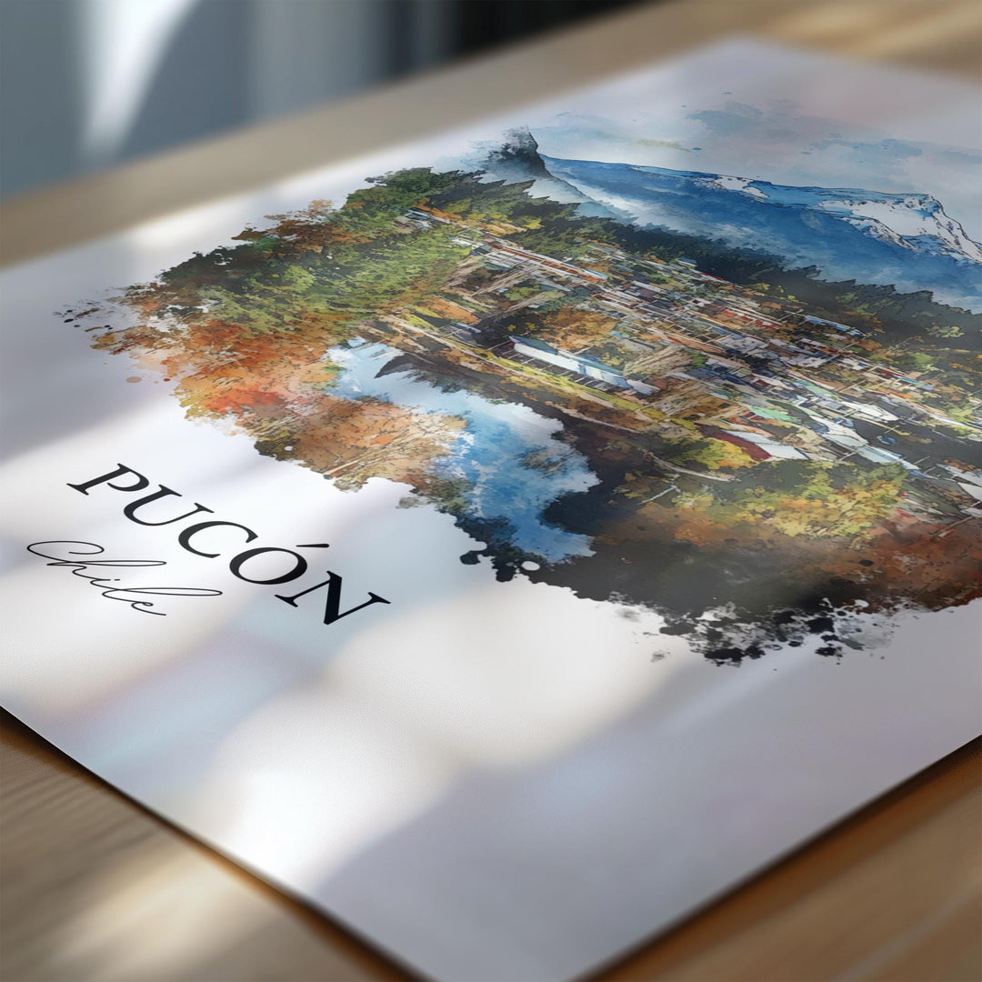 Pucón Chile Wall Art, Pucón Print, Lake Villarrica Watercolor Art, Pucón Chile Gift, Travel Print, Travel Poster, Housewarming Gift