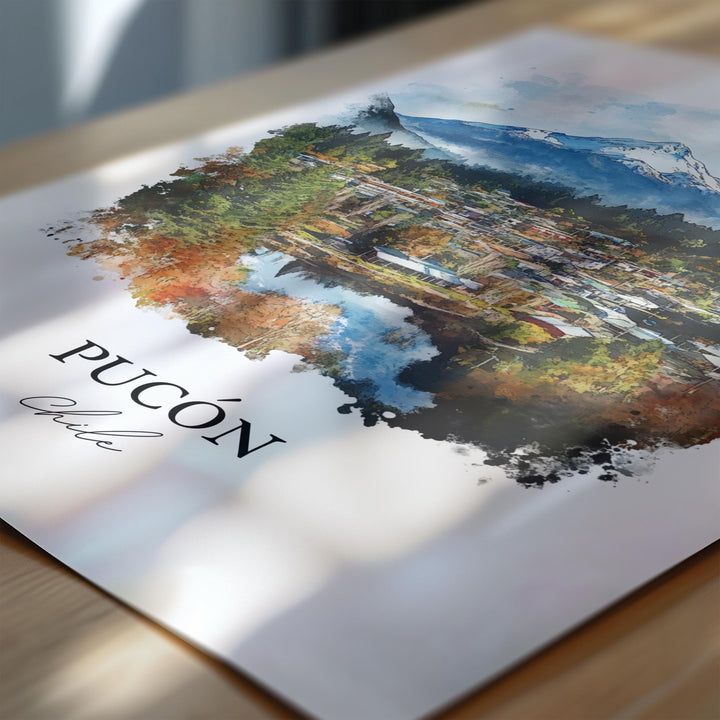 Pucón Chile Wall Art, Pucón Print, Lake Villarrica Watercolor Art, Pucón Chile Gift, Travel Print, Travel Poster, Housewarming Gift