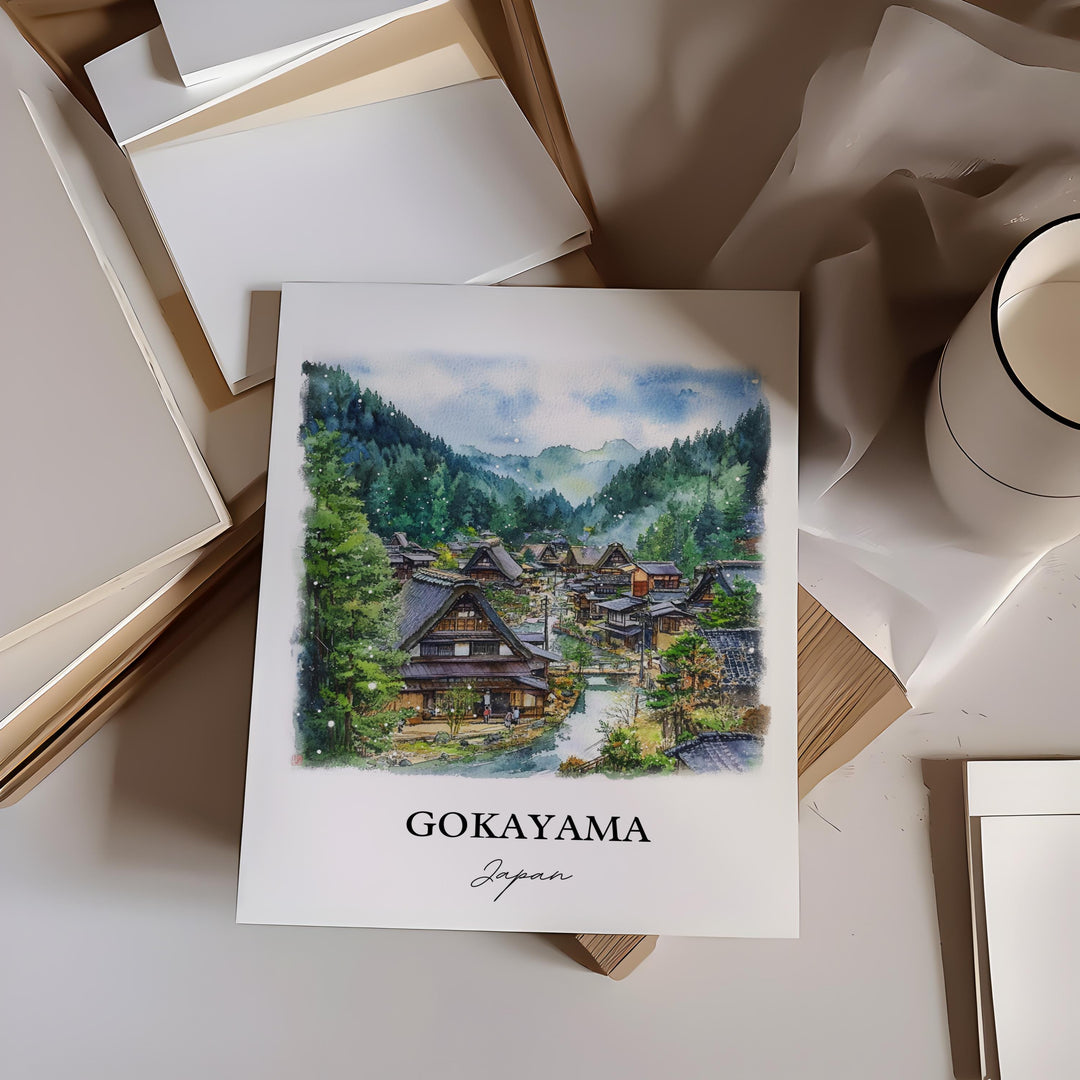 Gokayama Wall Art, Shogawa River Valley Print, Japan Watercolor Art, Gokayama Japan Gift, Travel Print, Travel Poster, Housewarming Gift