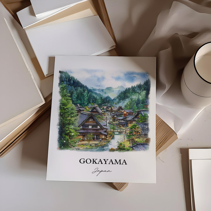 Gokayama Wall Art, Shogawa River Valley Print, Japan Watercolor Art, Gokayama Japan Gift, Travel Print, Travel Poster, Housewarming Gift