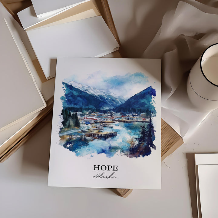 Hope Alaska Wall Art, Kenai Peninsula Print, Alaska Watercolor Art, Hope AK Gift, Travel Print, Travel Poster, Housewarming Gift