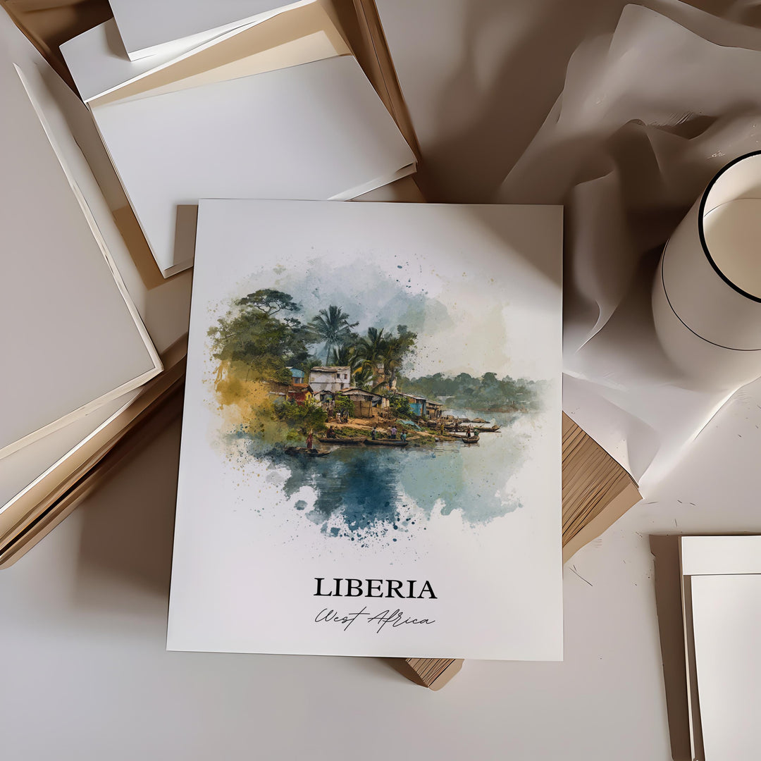 Liberia Wall Art, Africa Print, Liberia Watercolor Art, Liberia Africa Gift, Travel Print, Travel Poster, Housewarming Gift