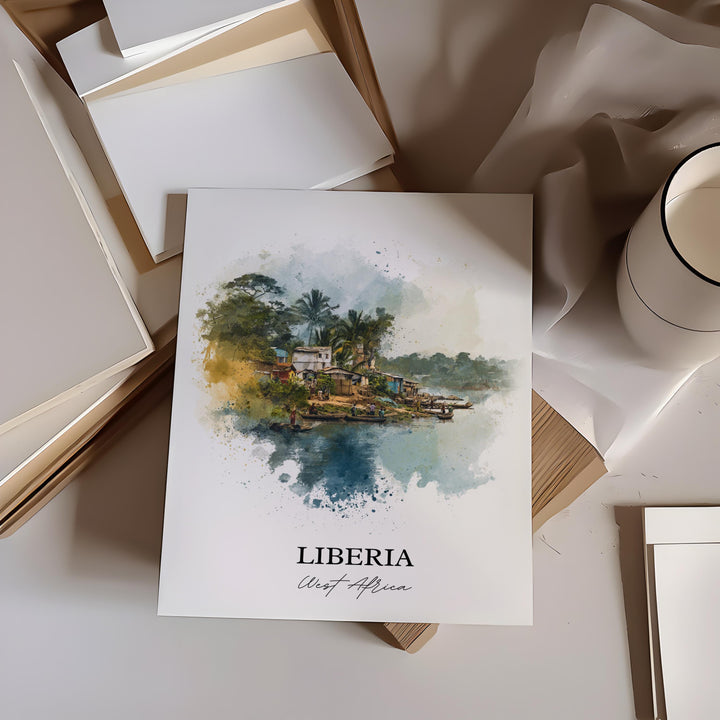 Liberia Wall Art, Africa Print, Liberia Watercolor Art, Liberia Africa Gift, Travel Print, Travel Poster, Housewarming Gift