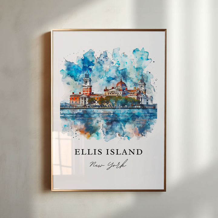Ellis Island NY Art, Ellis Island Print, Statue of Liberty Watercolor Art, Ellis Island Gift,