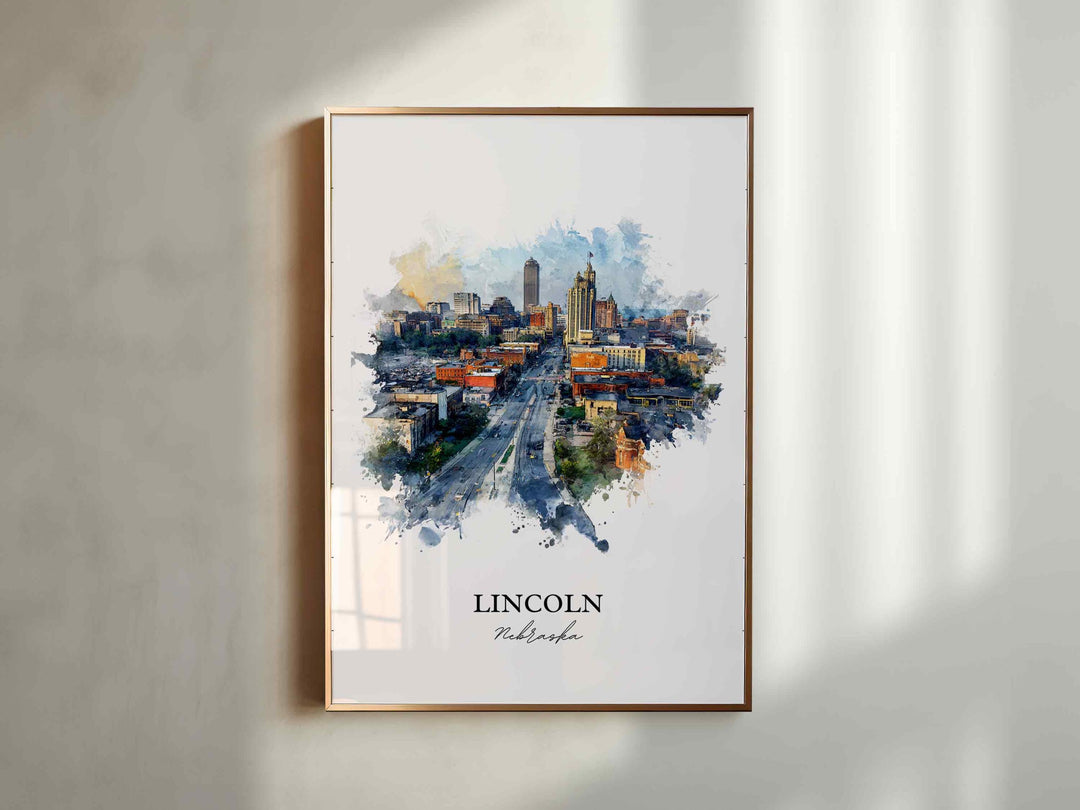 Lincoln NE Wall Art, Lincoln Print, Nebraska Watercolor Art, Lincoln Nebraska Skyline Gift, Travel Print, Travel Poster, Housewarming Gift