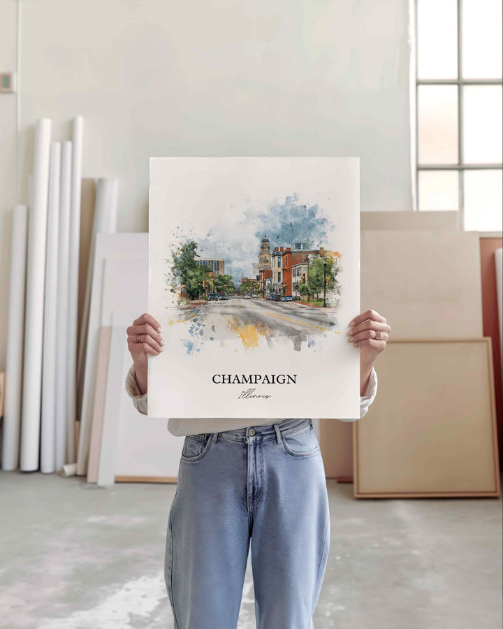 Champaign IL Wall Art, Champaign Print, Illinois Watercolor Art, Champaign Illinois Gift, Travel Print, Travel Poster, Housewarming Gift