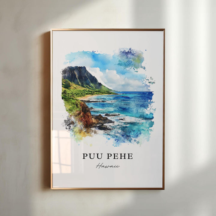 Puu Pehe HI Wall Art, Puu Pehe Print, Lanai Watercolor Art, Sweetheart Rock Gift,