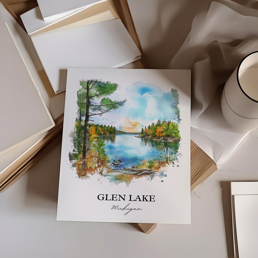 Glen Lake Wall Art, Leelanau Print, Michigan Watercolor Art, Glen Lake Michigan Gift, Travel Print, Travel Poster, Housewarming Gift