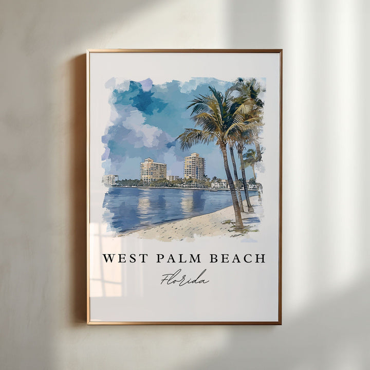 West Palm Beach watercolor travel art - Florida, Palm Beach print, Wedding gift, Birthday present, Custom Text, Perfect Gift