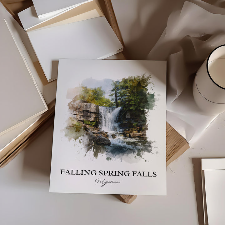Falling Spring Falls Art, Alleghany Prints, Virginia Watercolor, Falling Spring Falls Gift, Travel Print, Travel Poster, Housewarming Gift