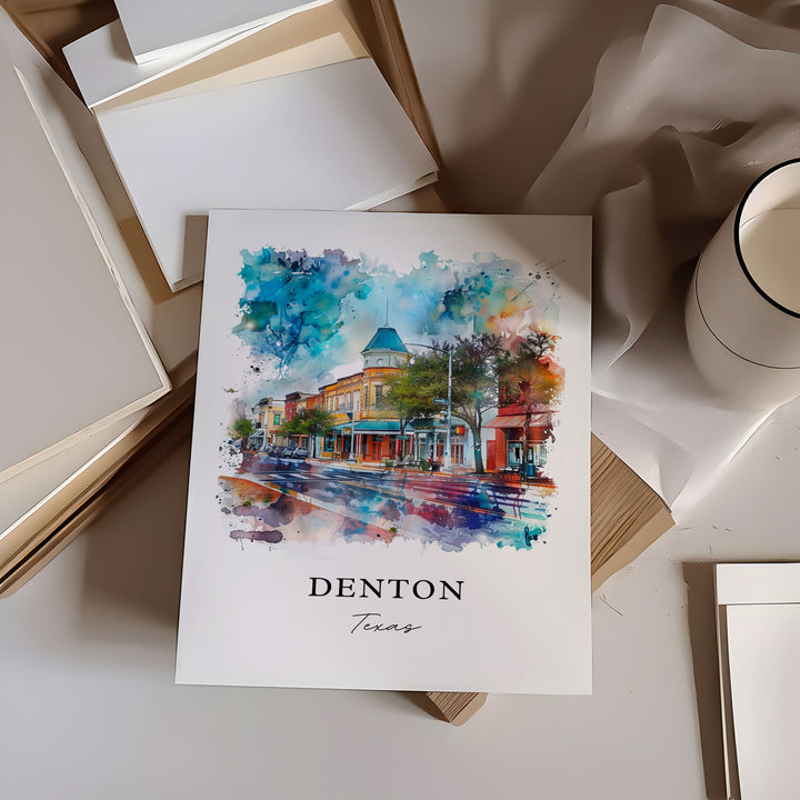 Denton TX Wall Art, Denton Print, Denton Watercolor, Dallas Fort Worth TX Art Gift,