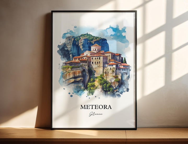 Meteora Wall Art, Meteora Greece Print, Greece Watercolor Art, Trikala Greece Gift, Travel Print, Travel Poster, Housewarming Gift