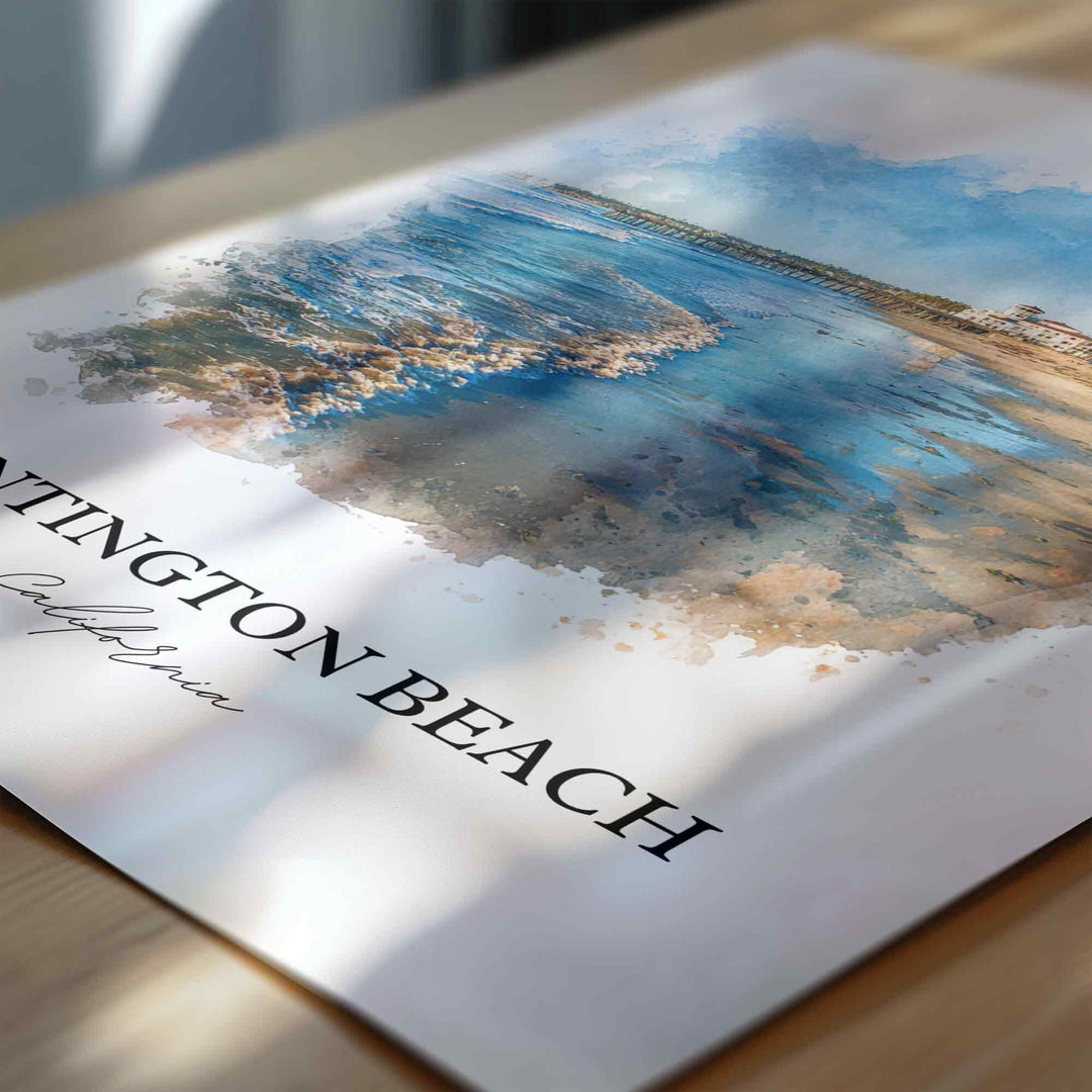 Huntington Beach Wall Art, California Print, Los Angeles Watercolor Art, LA Gift, Travel Print, Travel Poster, Housewarming Gift