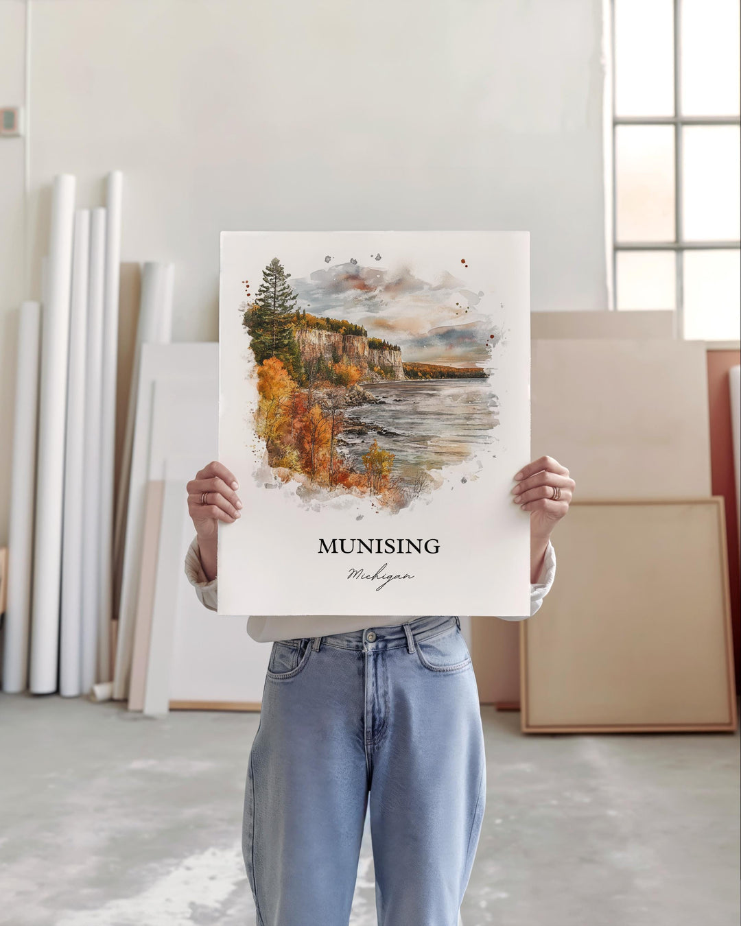 Munising MI Wall Art, Munising MI Print, Wagner Falls Watercolor Art, Munising Michigan Gift, Travel Print, Travel Poster, Housewarming Gift