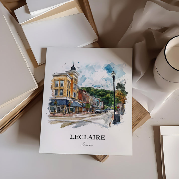 Leclaire Iowa Wall Art, Scott County IA Print, Iowa Watercolor Art, Leclaire Iowa Gift, Travel Print, Travel Poster, Housewarming Gift