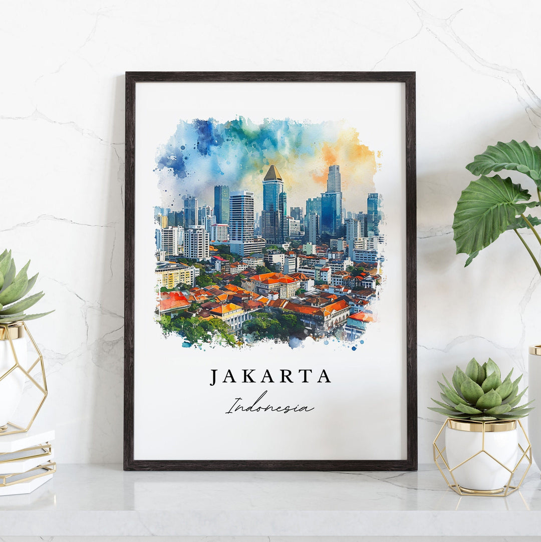 Jakarta watercolor travel art - Indonesia, Jakarta print, Jakarta Wedding gift, Birthday present, Custom Text, Perfect Gift