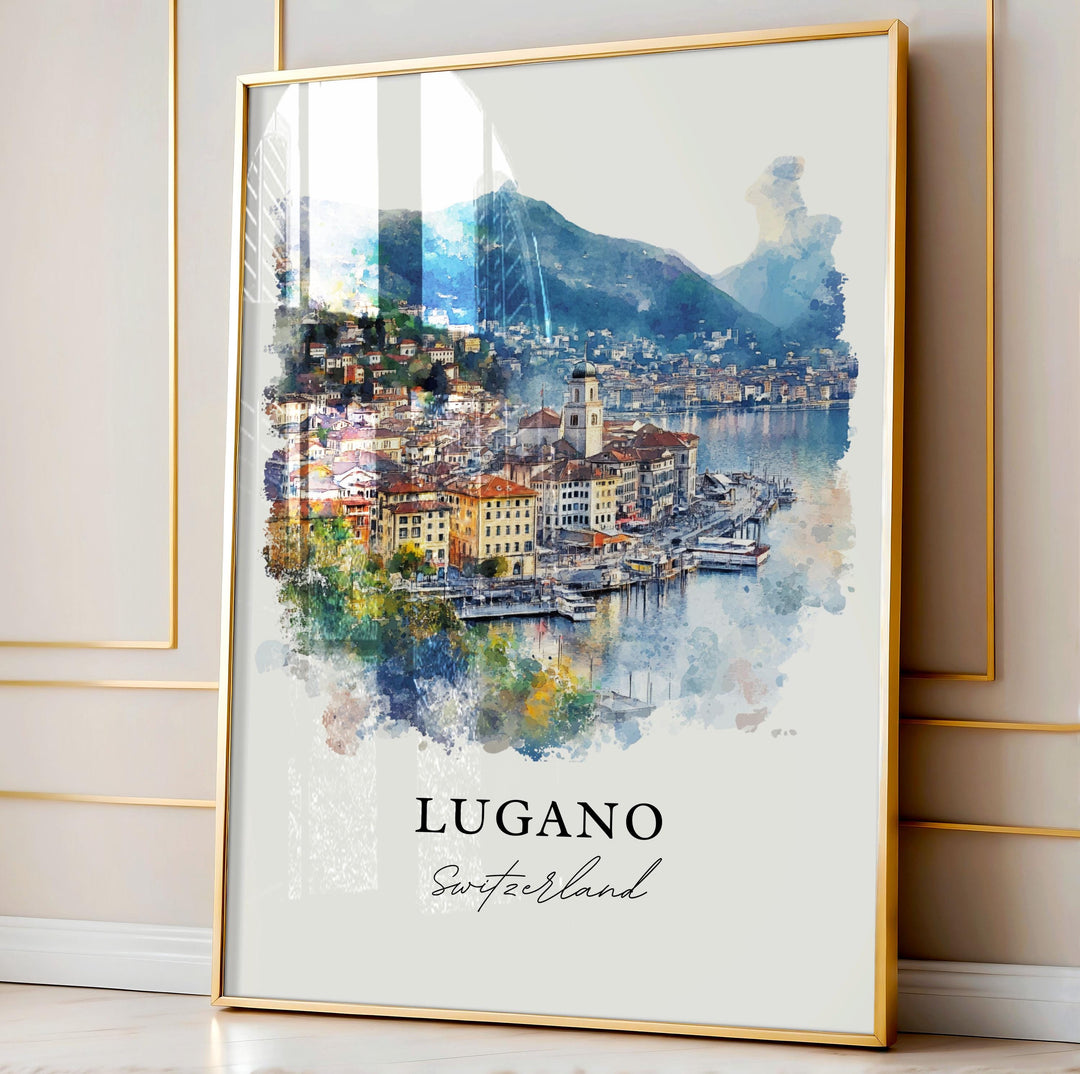 Lugano Switzerland Wall Art, Lugano Print, Lake Lugano Watercolor Art, Ticino Region Gift, Travel Print, Travel Poster, Housewarming Gift