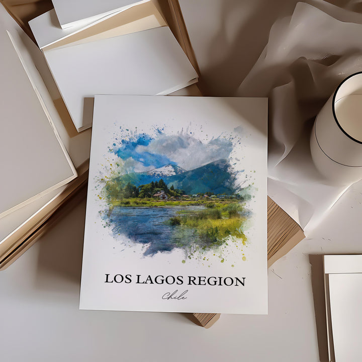 Los Lagos Region Wall Art, Los Lagos Print, Los Lagos Watercolor Art, Los Lagos Chile Gift, Travel Print, Travel Poster, Housewarming Gift