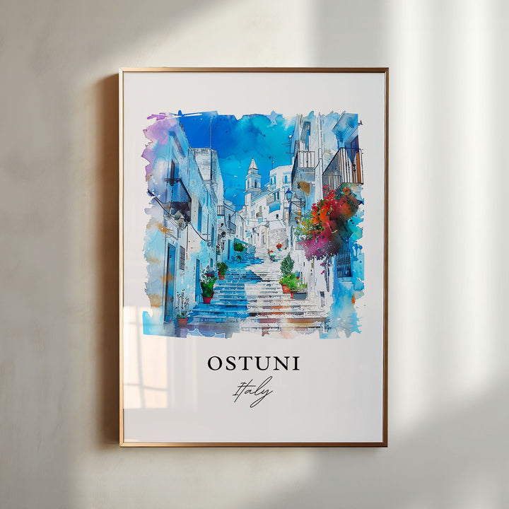 Ostuni Italy Wall Art, Brindisi Italy Print, Ostuni Watercolor, Apulia Region Gift,