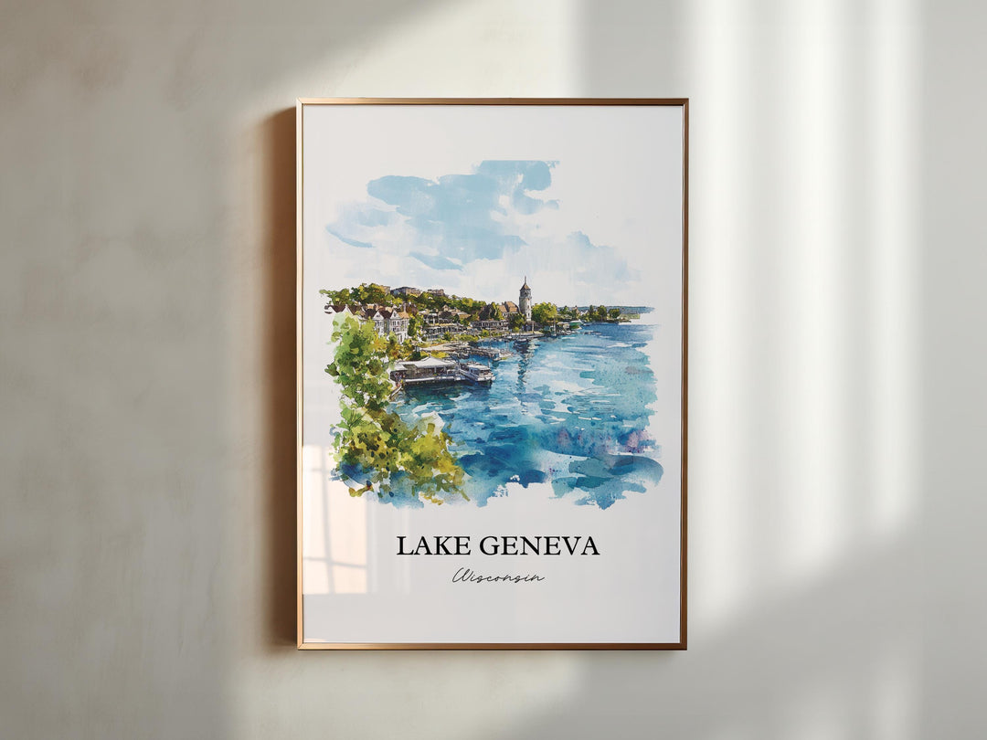 Lake Geneva WI Wall Art, Geneva Lake Print, Wisconsin Watercolor Art, Lake Geneva Gift, Travel Print, Travel Poster, Housewarming Gift