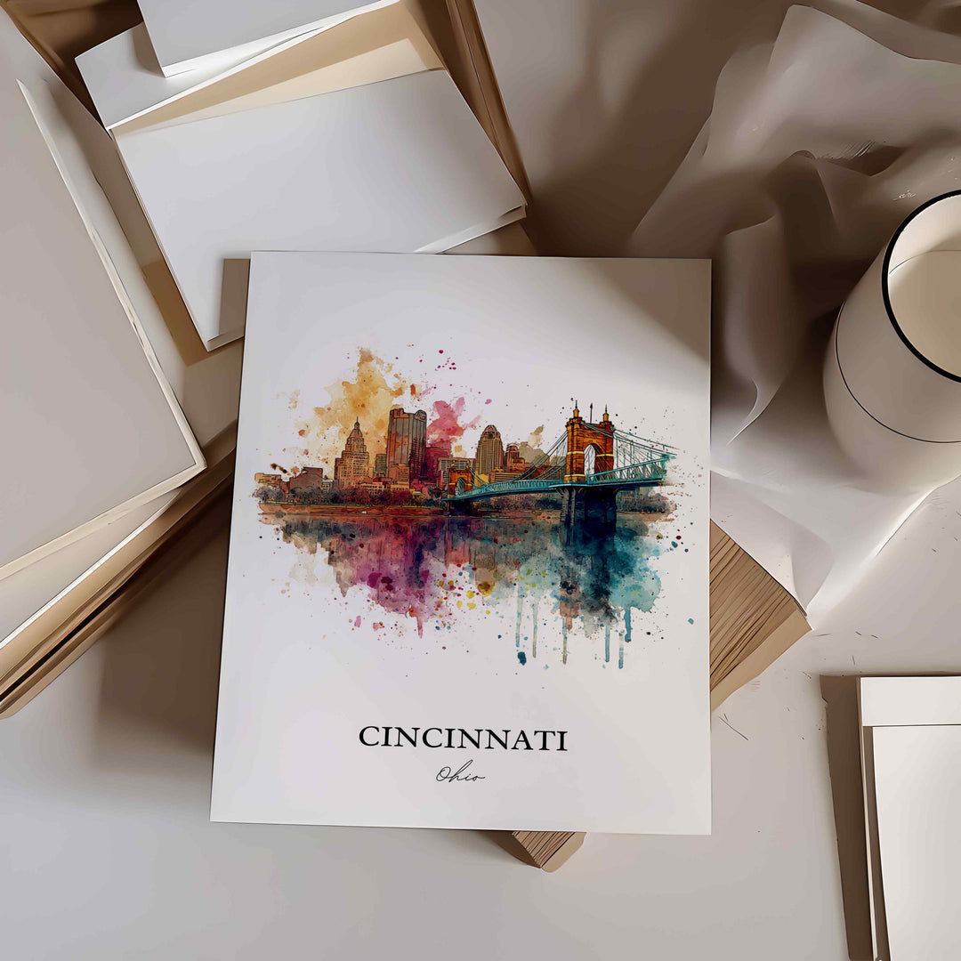 Cincinnati OH Wall Art, Cincinnati Print, Cincinnati Watercolor Art, Cincinnati Skyline Gift, Travel Print, Travel Poster, Housewarming Gift