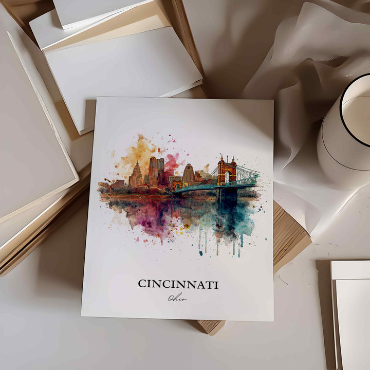 Cincinnati OH Wall Art, Cincinnati Print, Cincinnati Watercolor Art, Cincinnati Skyline Gift, Travel Print, Travel Poster, Housewarming Gift