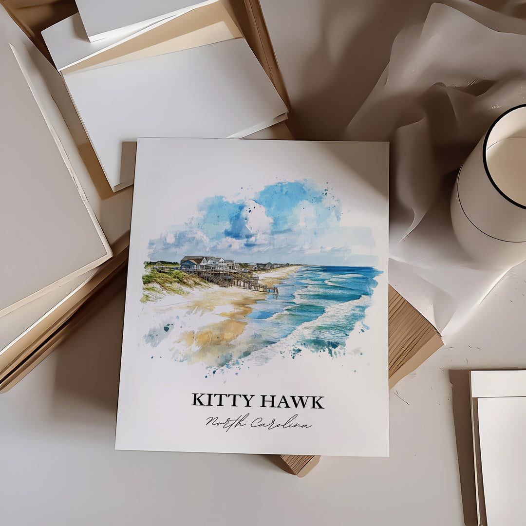 Kitty Hawk NC Wall Art, Outer Banks Print, OBX Watercolor Art, Kitty Hawk Gift, Travel Print, Travel Poster, Housewarming Gift