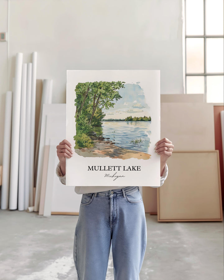 Mullett Lake Wall Art, Cheboygan County Print, Michigan Watercolor Art, Mullett Lake Gift, Travel Print, Travel Poster, Housewarming Gift