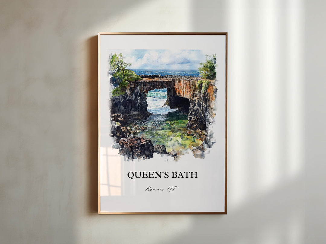 Queens Bath Wall Art, Kauai Print, Princeville HI Watercolor Art, Queens Bath Gift, Travel Print, Travel Poster, Housewarming Gift