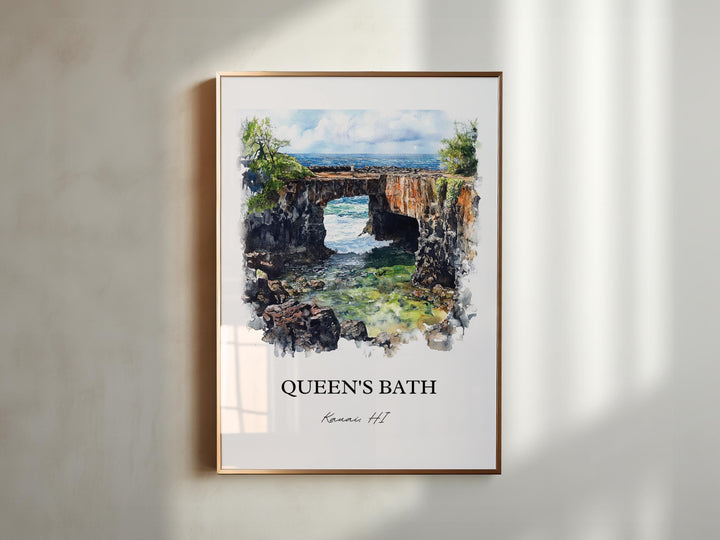 Queens Bath Wall Art, Kauai Print, Princeville HI Watercolor Art, Queens Bath Gift, Travel Print, Travel Poster, Housewarming Gift
