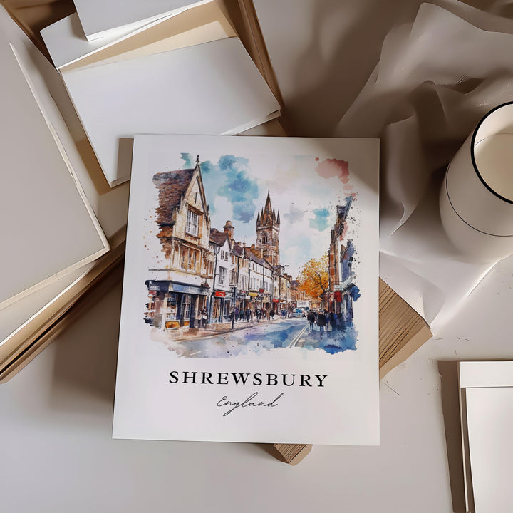 Shrewsbury England Wall Art, Shrewsbury Print, Shropshire Watercolor Art, Shrewsbury UK Gift,