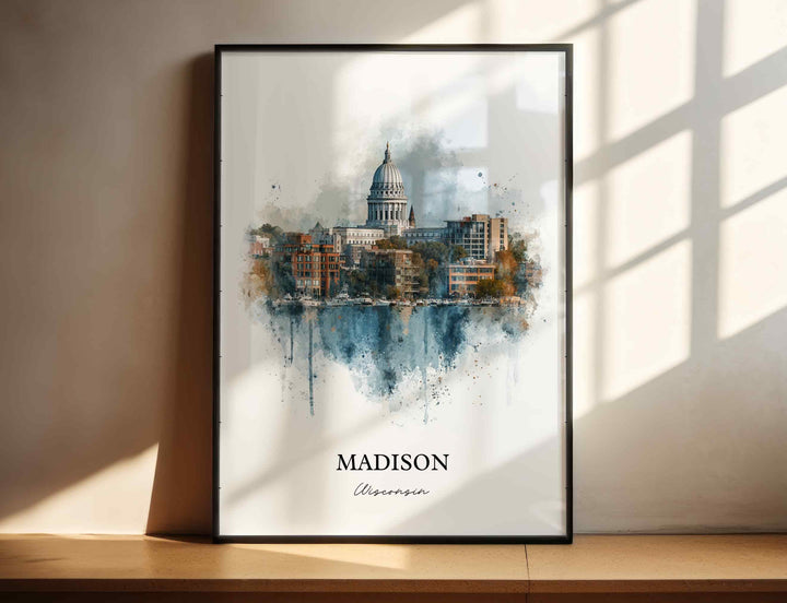 Madison WI Wall Art, Madison Print, Wisconsin Watercolor Art, Madison Wisconsin Skyline Gift, Travel Print, Travel Poster, Housewarming Gift