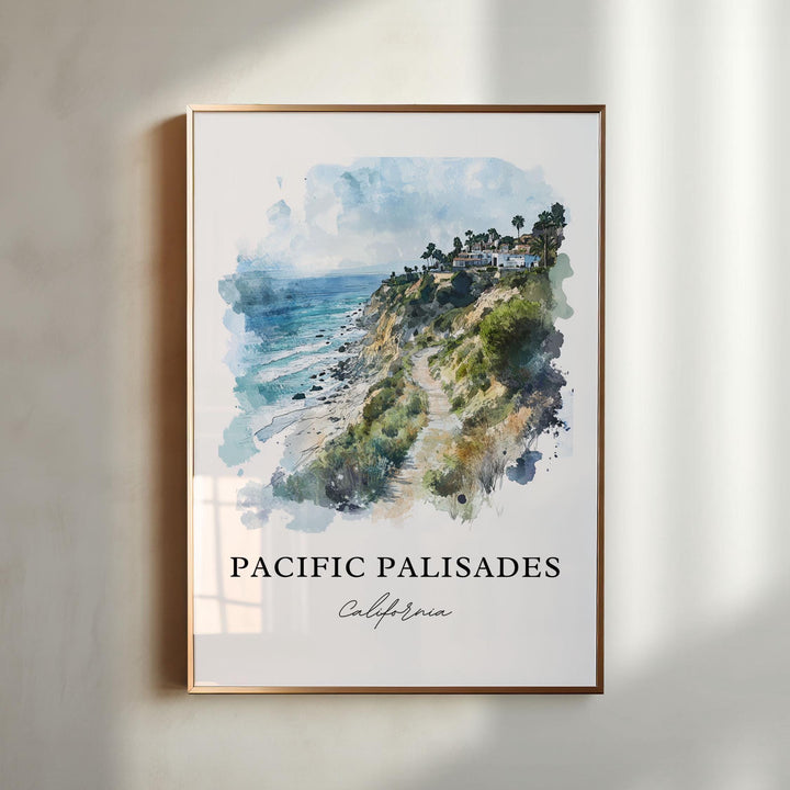 a watercolor painting of the pacific palisades on a wall