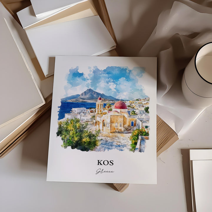 Kos Greece Wall Art, Dodecanese Islands Print, Greece Watercolor Art, Kos Greece Gift, Travel Print, Travel Poster, Housewarming Gift