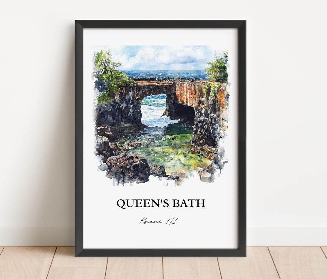 Queens Bath Wall Art, Kauai Print, Princeville HI Watercolor Art, Queens Bath Gift, Travel Print, Travel Poster, Housewarming Gift