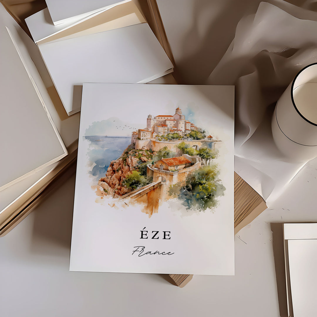 Eze traditional travel art - France, Eze poster print, Wedding gift, Birthday present, Custom Text, Perfect Gift