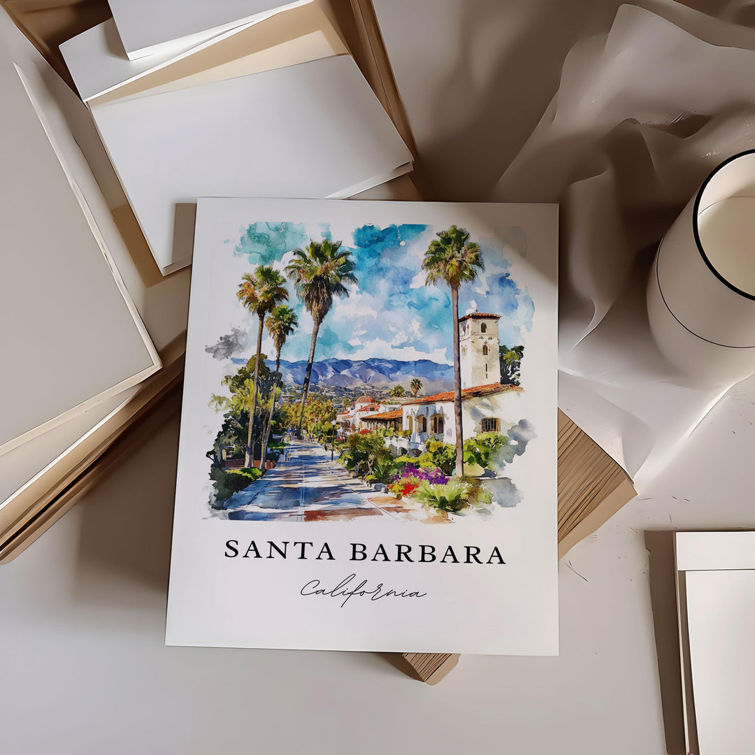 Santa Barbara Wall Art, Santa Barbara Print, Santa Barbara Watercolor Art, SoCal Gift,