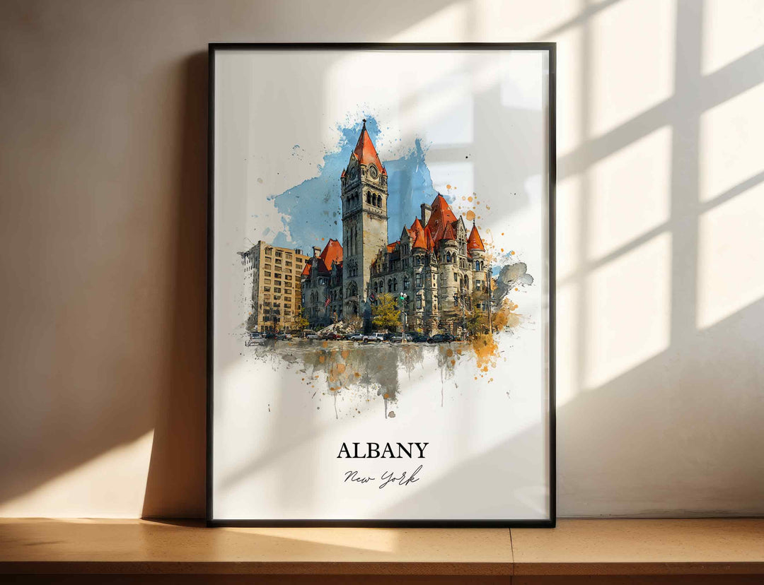 Albany New York watercolor wall art in a black frame featuring the historic city hall with warm architectural details and artistic splashes.