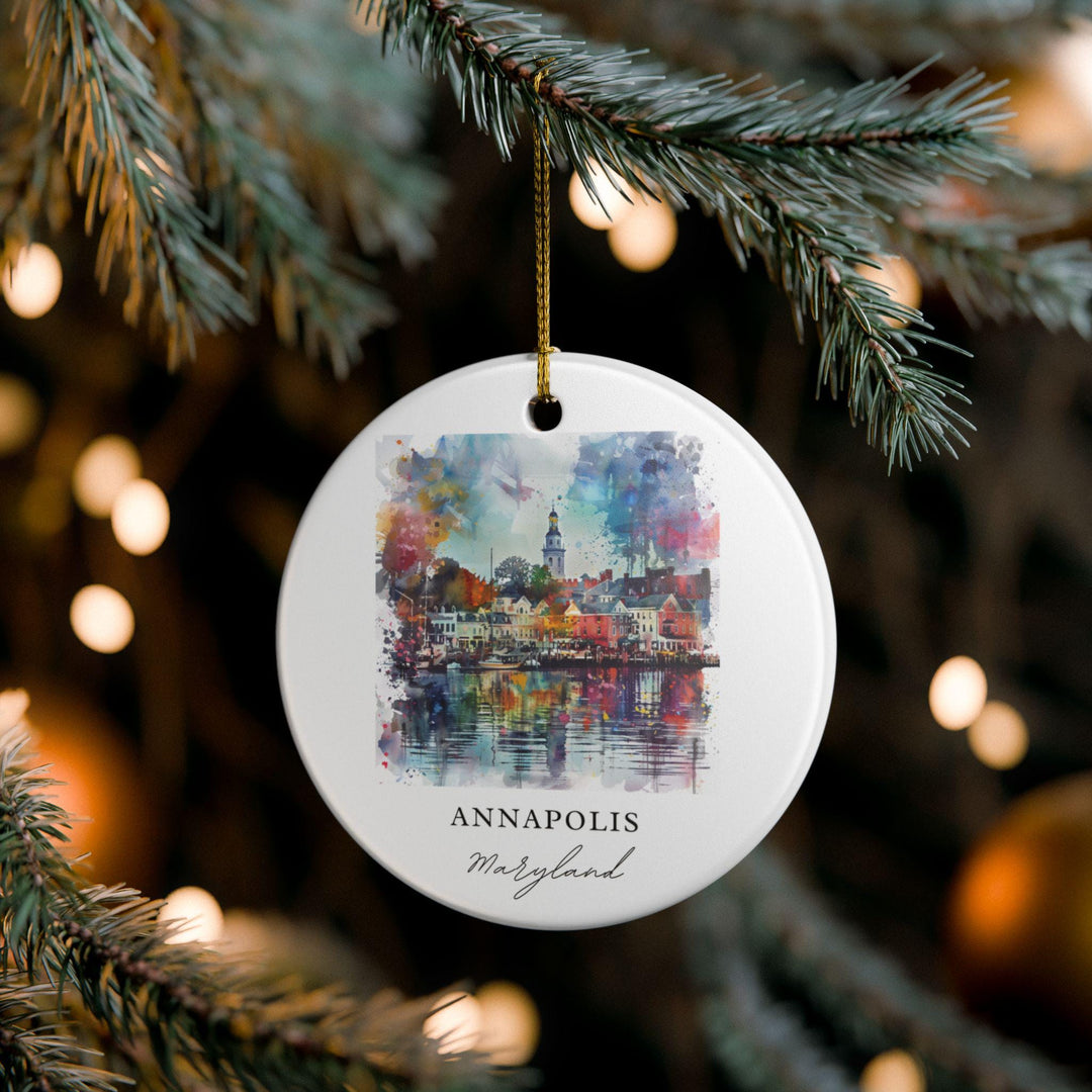 Capture the beauty of Maryland's capital with this elegant ceramic ornament featuring a vibrant watercolor illustration of Annapolis' historic waterfront.