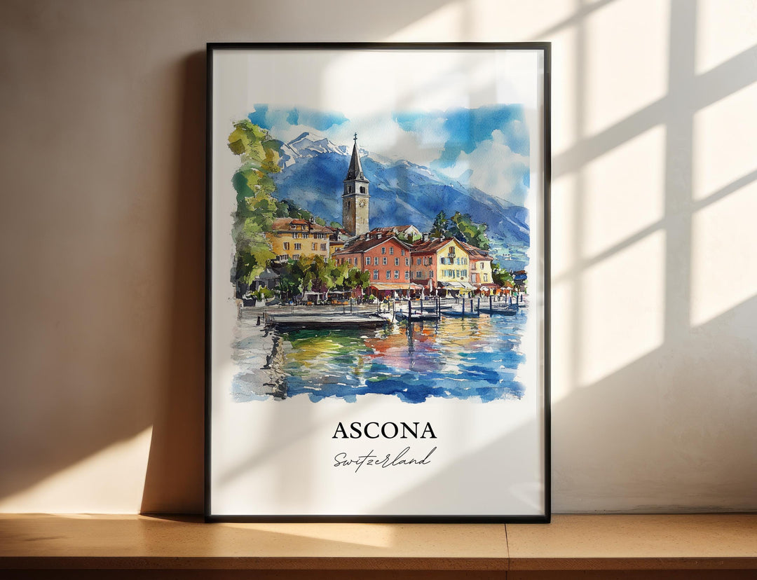 Vibrant watercolor depicting Ascona's colorful lakeside promenade.