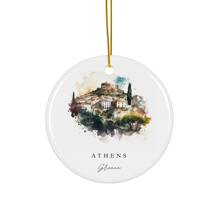 Athens Greece ceramic ornament with a white finish features a watercolor view of the Acropolis, creating a meaningful travel keepsake.