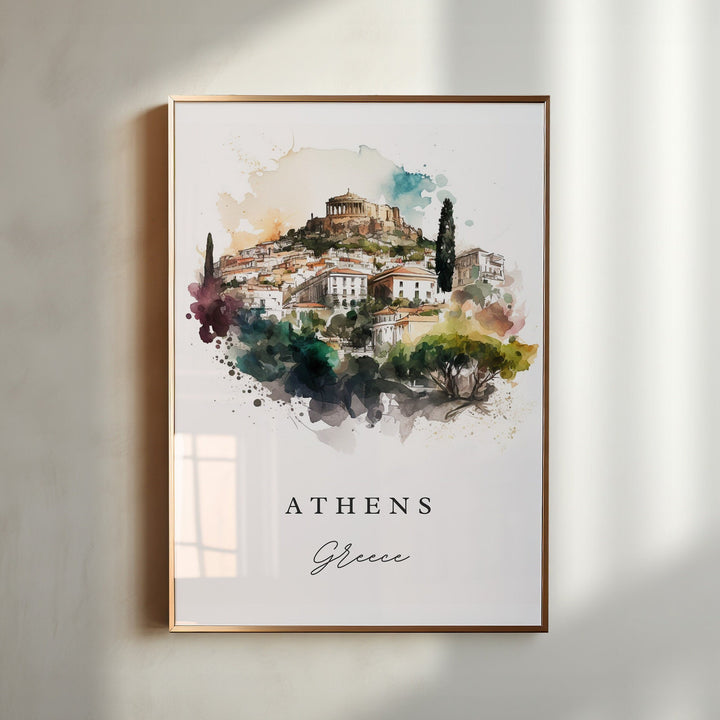 Athens Greece watercolor wall art in a gold frame showcases the Acropolis rising above the historic city with vibrant Mediterranean charm.