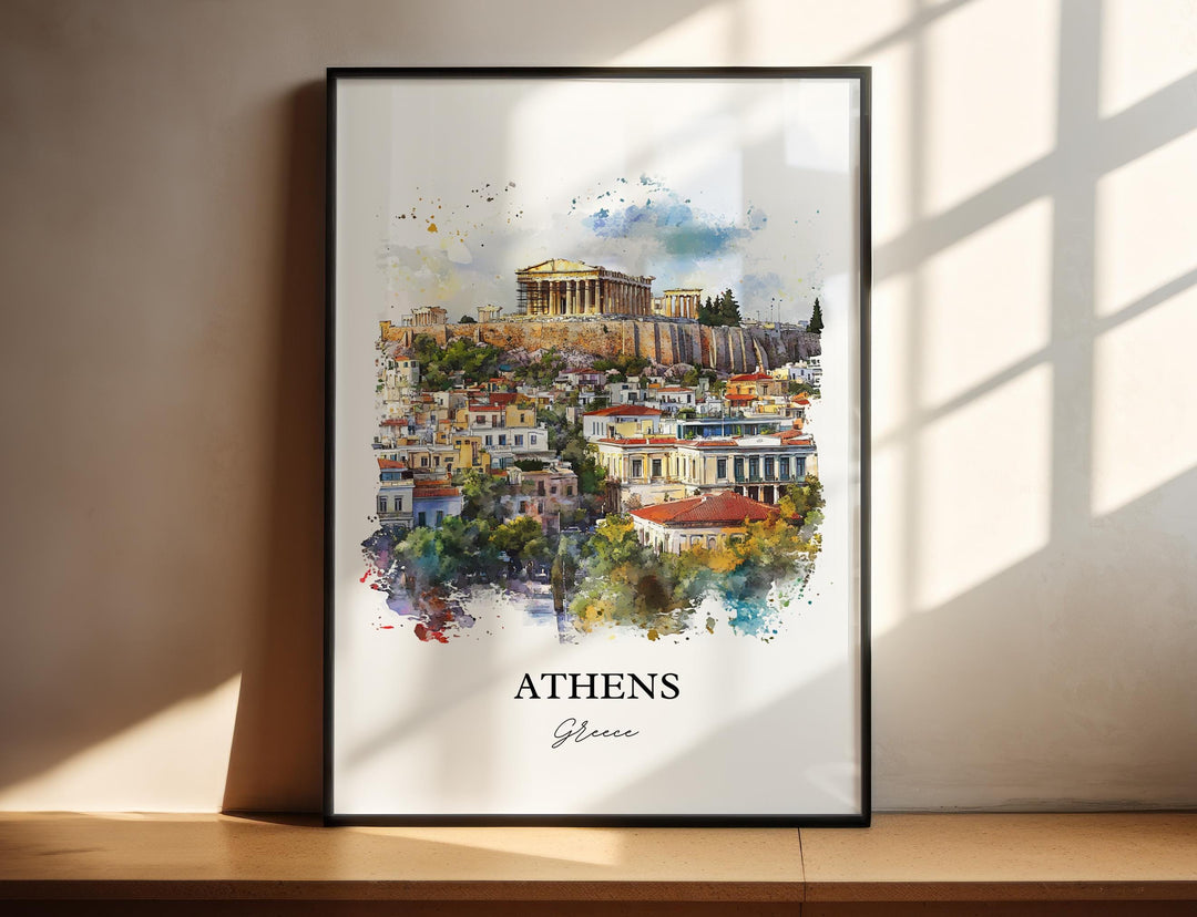 Athens Greece watercolor wall art in a black frame showcases the Acropolis overlooking the vibrant city with timeless Mediterranean beauty.
