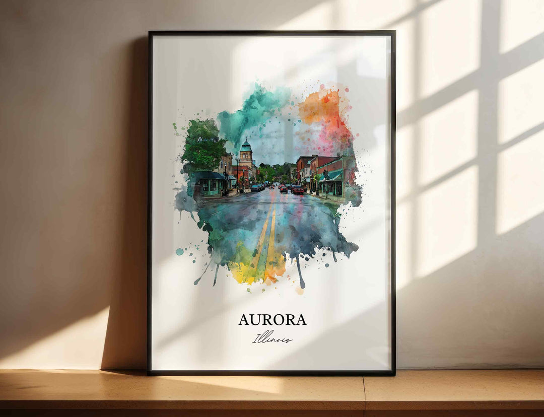 Aurora Illinois watercolor wall art in a black frame captures the historic downtown streets with vibrant watercolor detail and welcoming community charm.