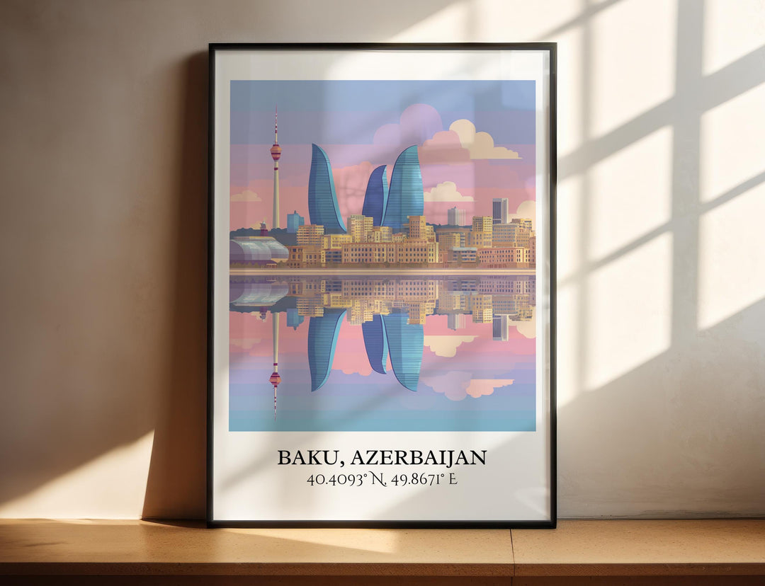 Modern architectural icons reflected across the Caspian waterfront.