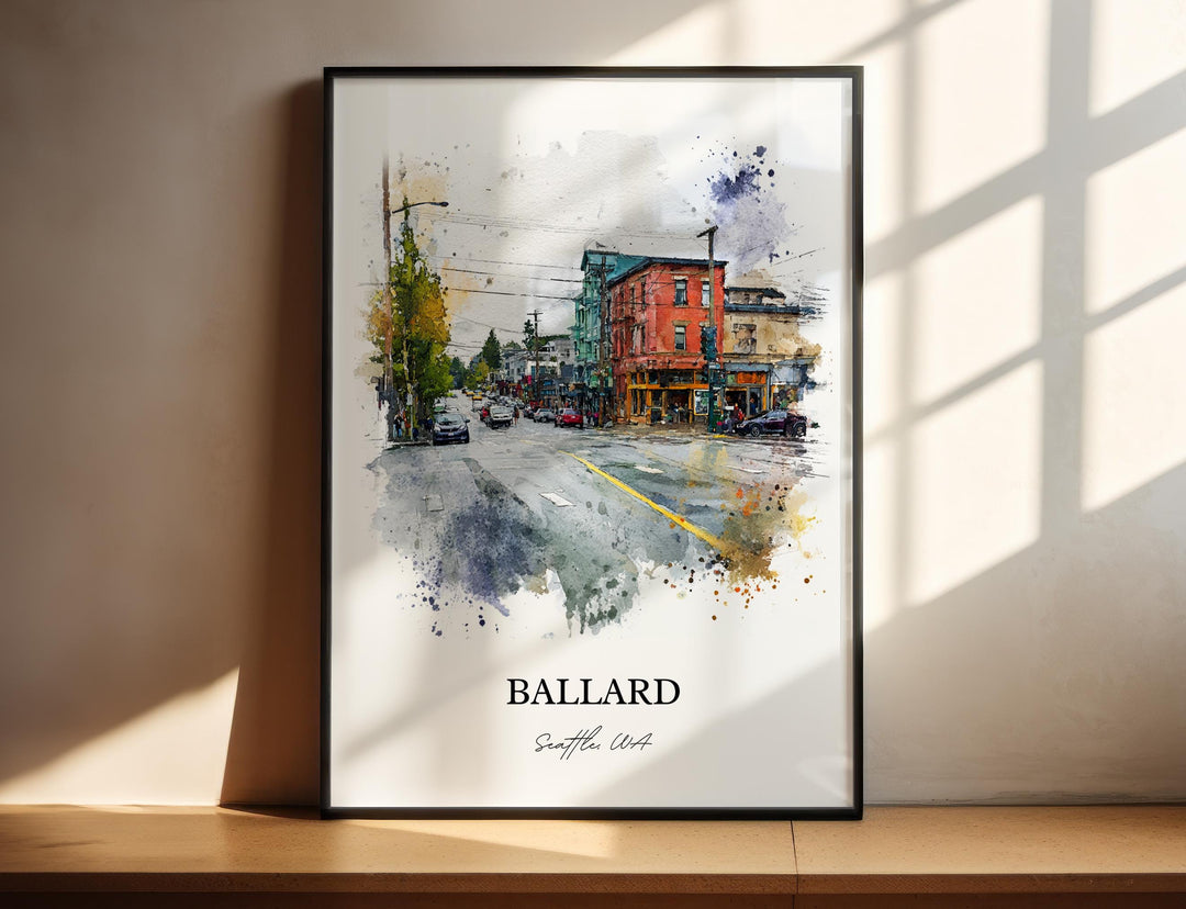 Watercolor Ballard Seattle wall art in a black frame featuring a colorful neighborhood streetscape, a charming Washington city print.